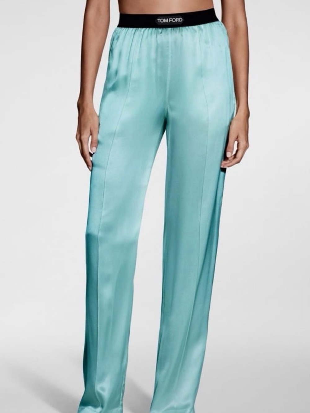 Tom Ford Logo Aqua Silk PJ Wide-Leg Trousers Pants in Plume - S